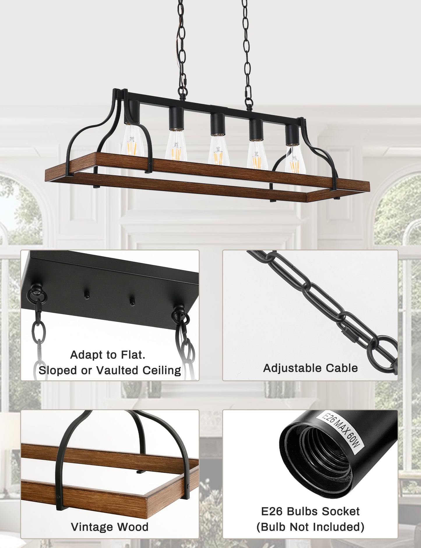 YANSUN 5-Light Island Pendant Light, Brown Metal Frame, Non-Integrated Design, Bulbs Not Included