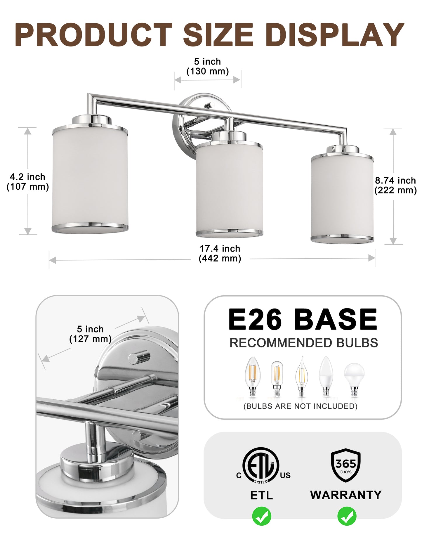 YANSUN 17 in. 3-Light Chrome Vanity Light with Frosted Cylinder Glass Shades Stylish Modern Wall Sconce for Vanity Powder Room