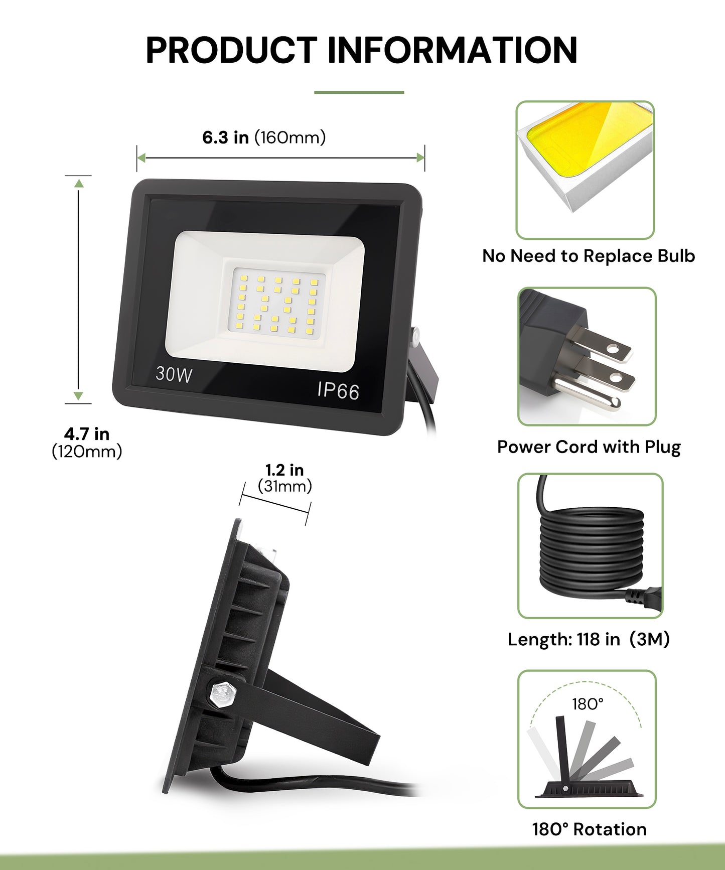 YANSUN 2-Pack Single-Color White Light-Sensing Outdoor Flood Light, Black Graphene Housing, IP66 Waterproof, 120V, 3ft UL-Certified Power Cord