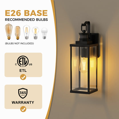 YANSUN Modern 18 in. 1-Light Black Outdoor Wall Sconce with Glass Shade, Dusk to Dawn and Motion Sensor, 2-Pack