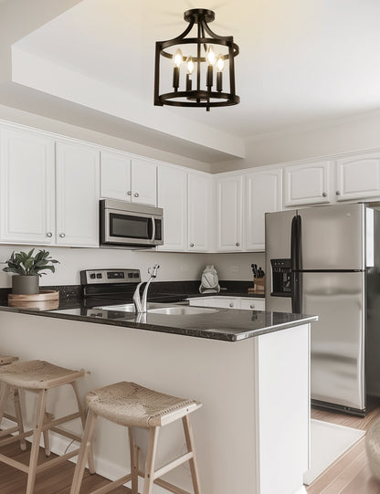 YANSUN 4-Light Black No Decorative Accents Drum Chandelier for Foyer Kitchen Island with No Bulbs Included
