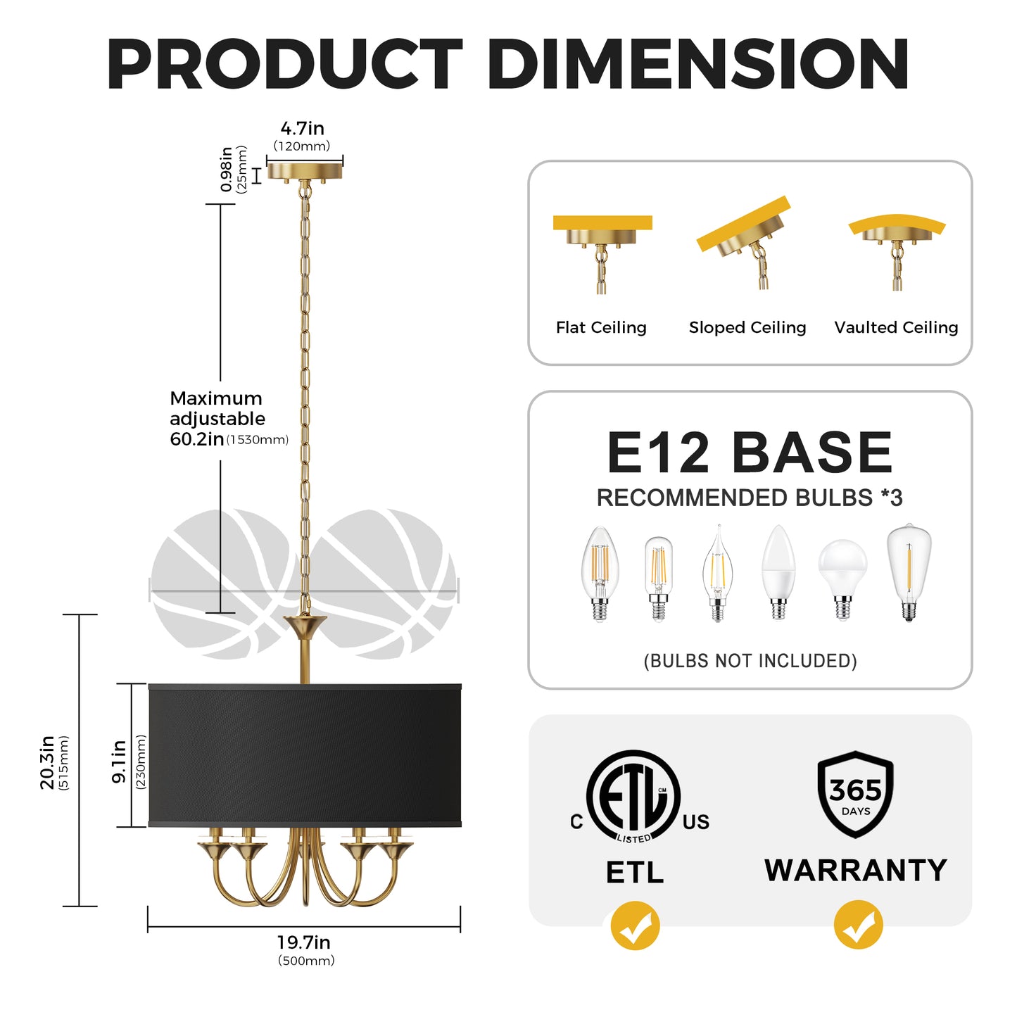 YANSUN 5-Light Gold Drum Chandelier KD Modern Branch Ceiling Light E12 Candle Fixture with Black Shades