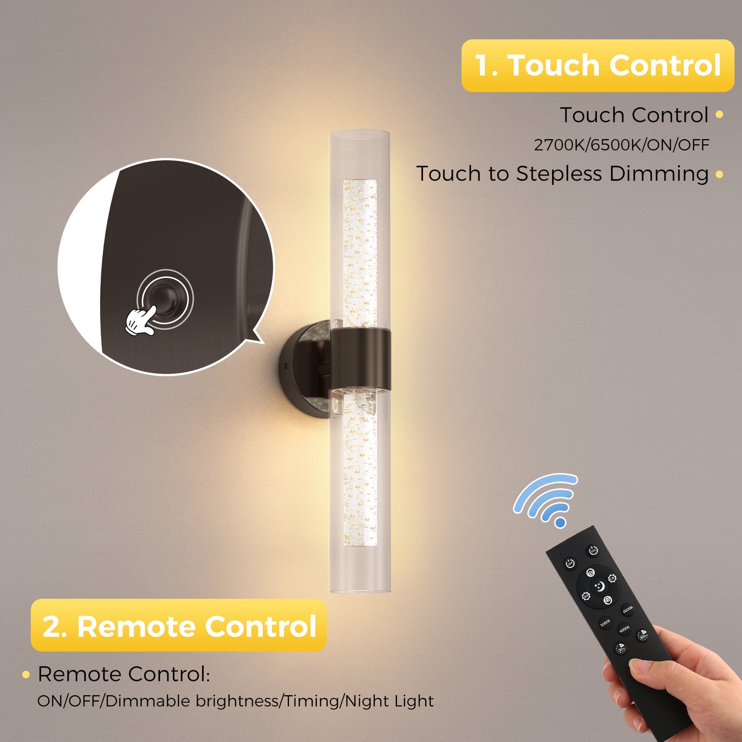 YANSUN 2-Pack Bubble Acrylic Black LED Wall Sconce Remote Control Remote Timer Dimmable Wall Light for Living Room Hallway
