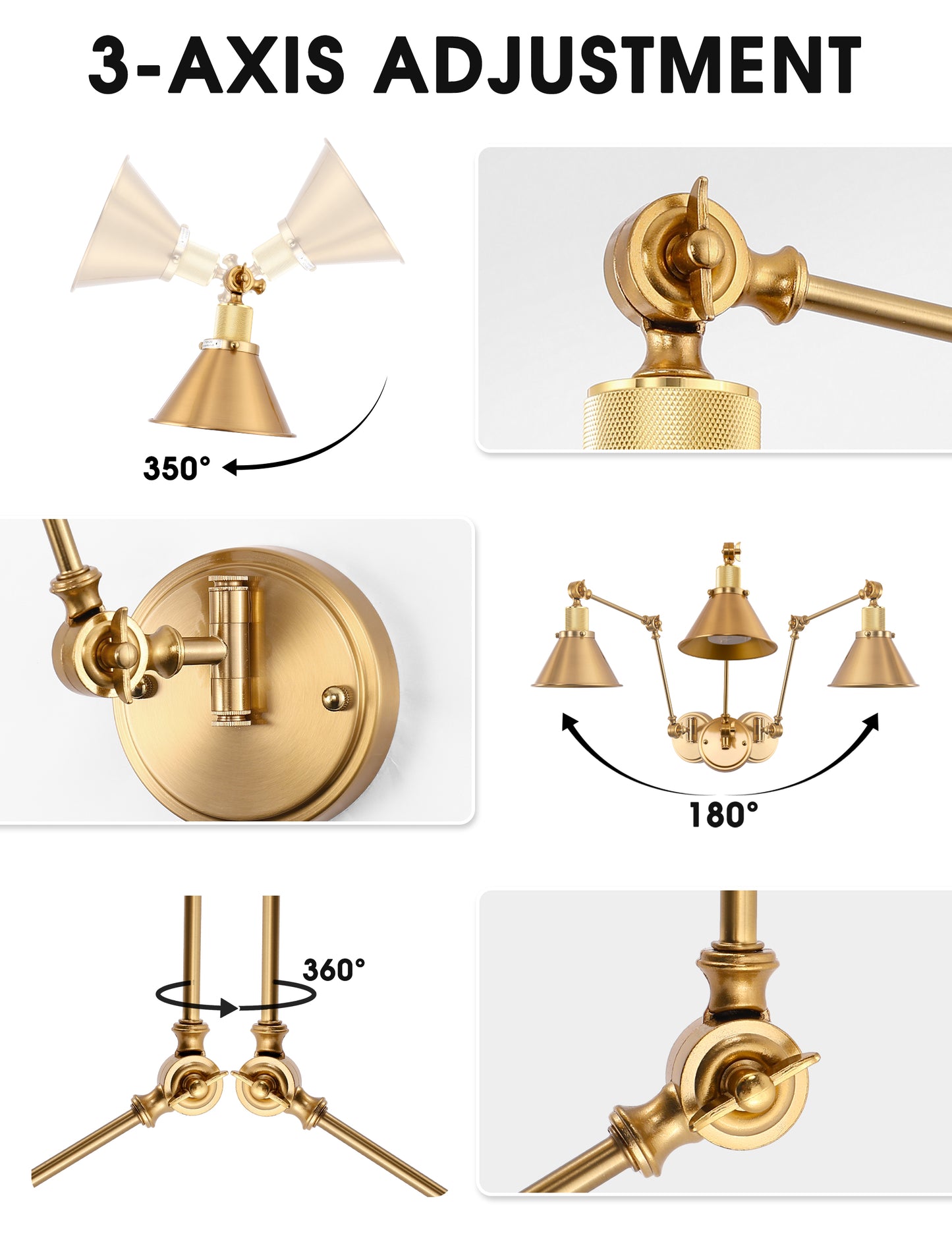 YANSUN 13 in. 1-Light Modern Adjustable Gold Wall Sconce with Swing Arm, Plug-In Vintage Task Light for Living Room