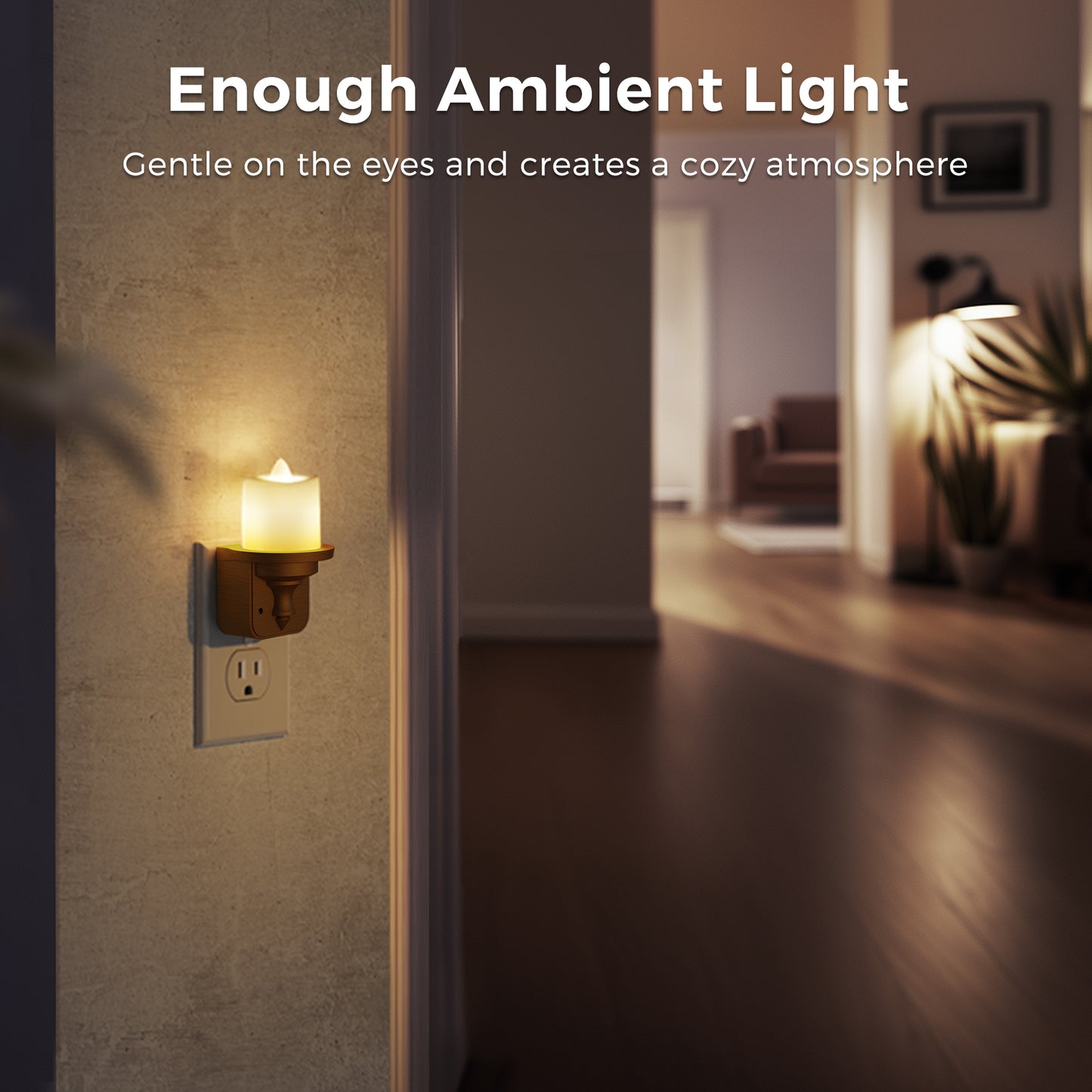 YANSUN 2-Pack 1W Plug-In Dusk to Dawn Candle Night Light, Warm 2700K LED, Wood-Grain Plastic Housing, Slide Dimmer, US 2-Prong Plug