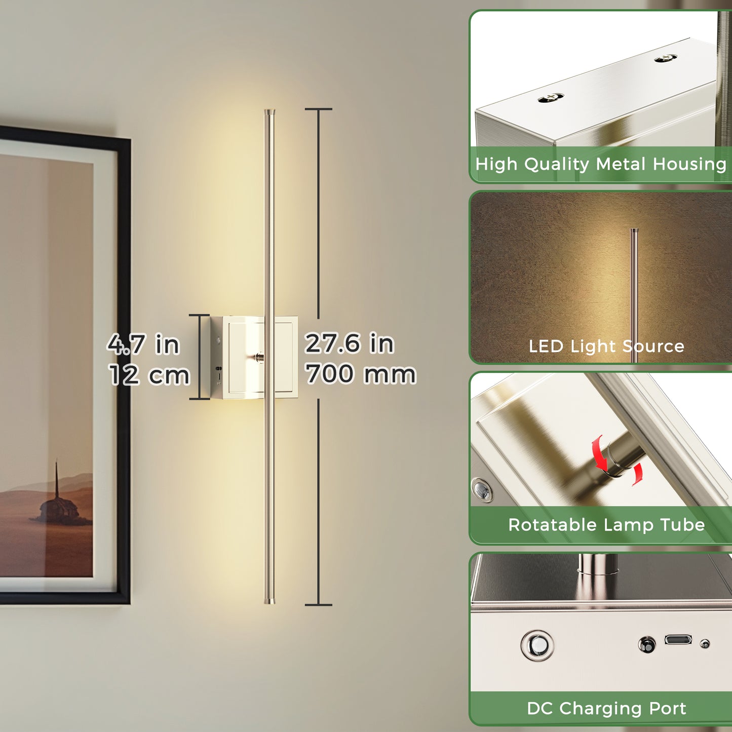YANSUN 2-Pack LED Indoor Wall Sconce Brushed Nickel Linear Wall Light Remote Control Dimmable 3000K Warm White Modern Fixture
