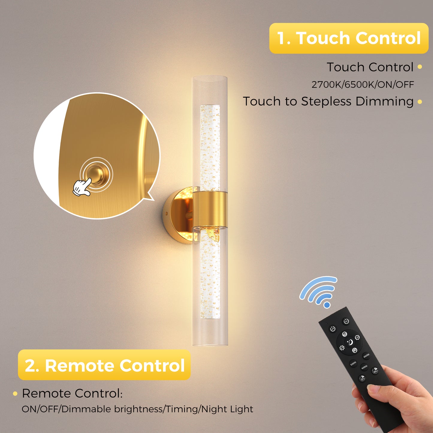 YANSUN 2-Pack Bubble Acrylic Copper LED Wall Sconce Remote Control Remote Timer Dimmable Wall Light for Living Room Hallway