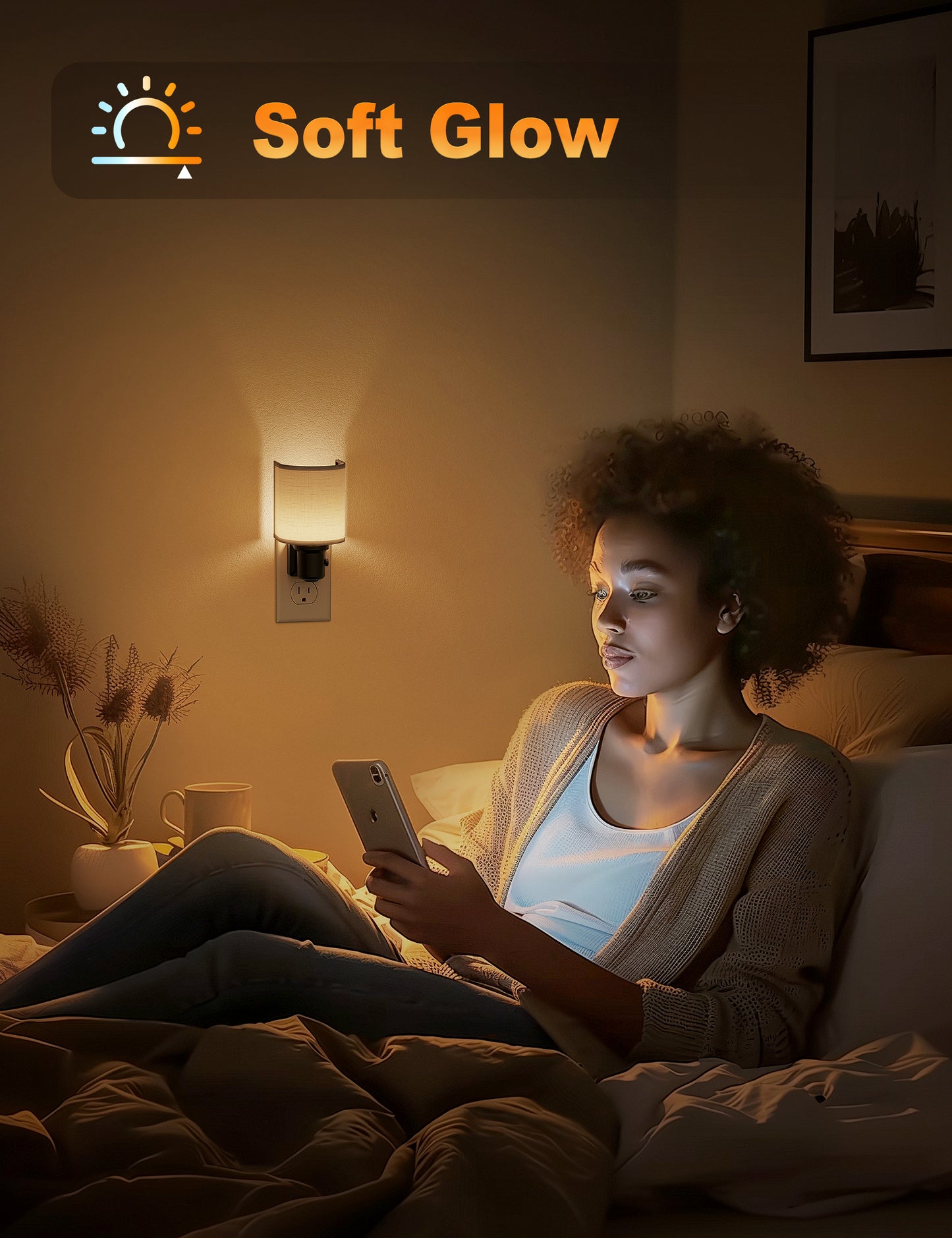 YANSUN 2-Pack 1W Dusk to Dawn Plug-in Night Lights Boho Fabric Shade 2700K Warm White LED Night Lights with Gold Ring Accent Dimmable for Bedroom Hallway