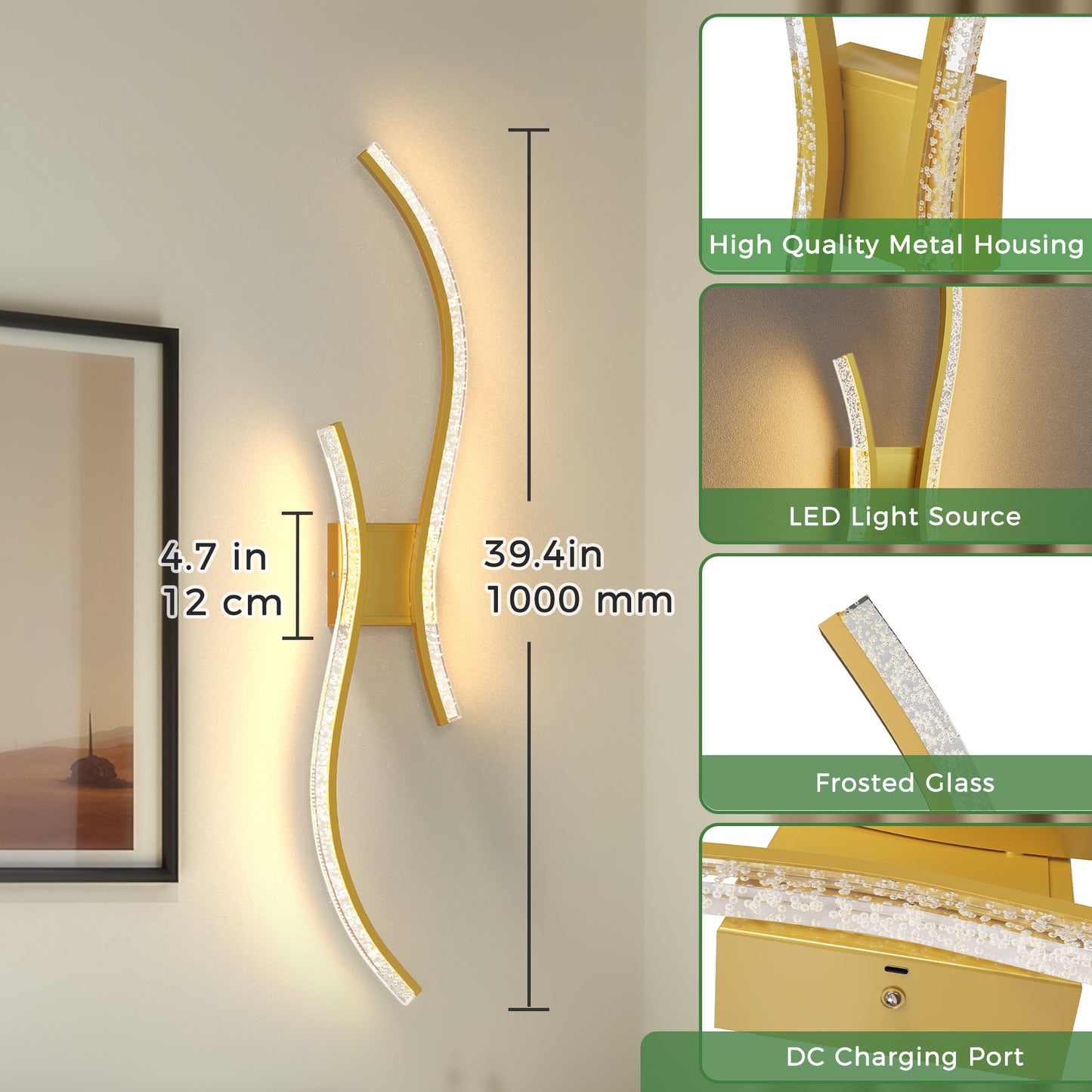 YANSUN 2-Pack Dual Wave Wall Lights, LED Built-in, 5W, 2700K-6000K, Remote Control, U.S. Two-Prong Plug, Type-C USB