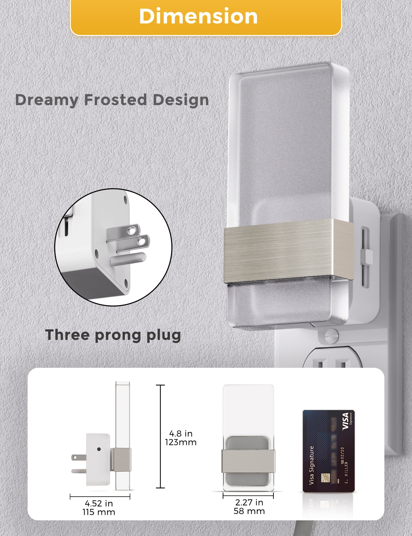 YANSUN 2-Pack Plug-In Night Lights with Frosted Acrylic Columns, Brushed Nickel Finish, 5000K White Light, Dimmable