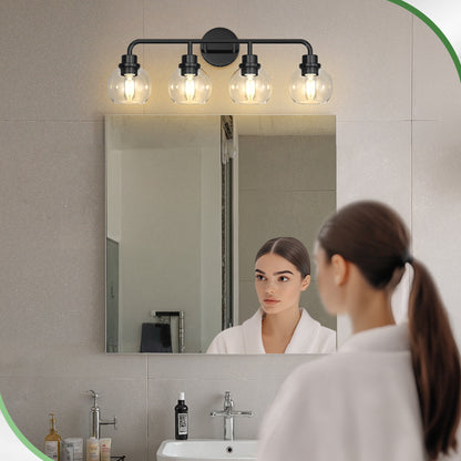 YANSUN 4-Light Black Vanity Light Fixture with Clear Globe Glass Shades Modern Bathroom Wall Sconce E26
