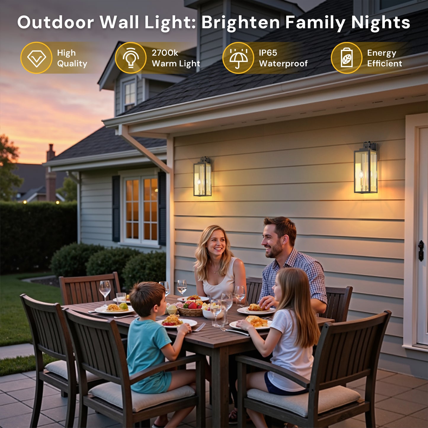 YANSUN Set of 2 Outdoor Wall Lights with Clear Glass Panels, Black & Gold Finish, Traditional Design, Light Sensor Operation