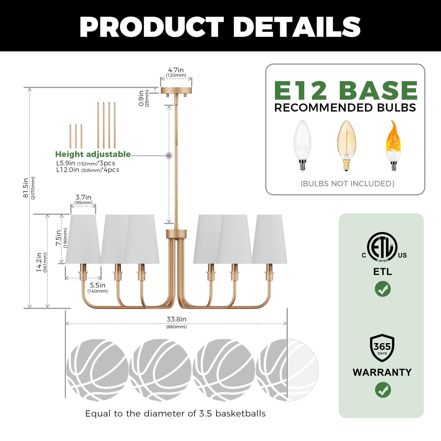 YANSUN 6-Light Chandelier with Straight Tubular Arms and Inverted Cone Fabric Shades, Gold Finish, E12 Bulbs Not Included