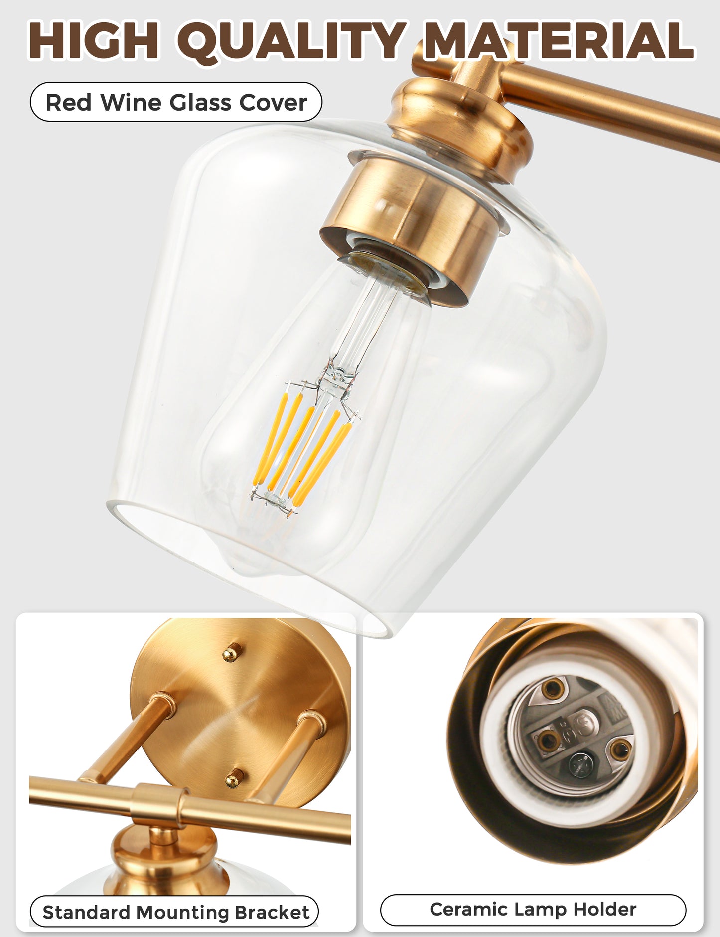 YANSUN 22 in. Gold 3-Light Vanity Light for Bathroom with Clear Wine Glass Shade and No Bulbs Included