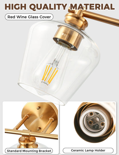 YANSUN 22 in. Gold 3-Light Vanity Light for Bathroom with Clear Wine Glass Shade and No Bulbs Included