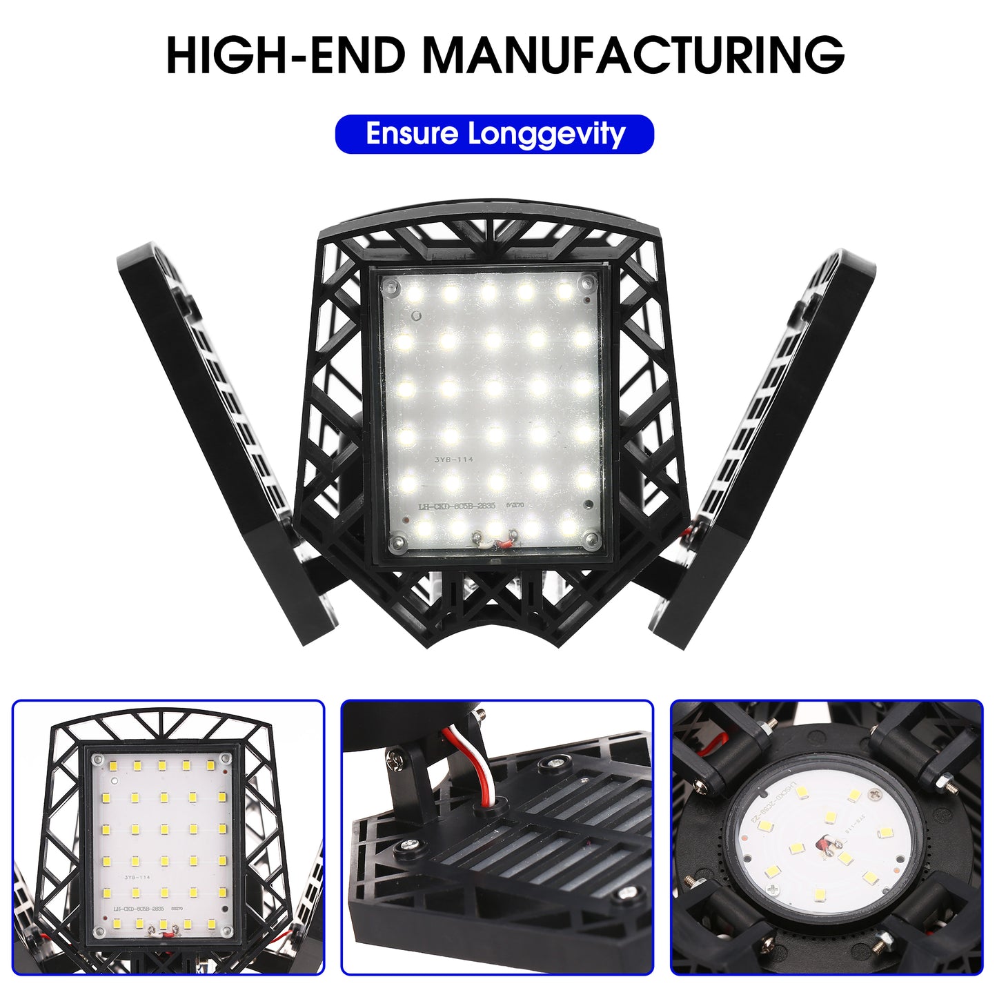 YANSUN LED Garage Light 4 Panel E26, 8000LM 6000K Deformable Ceiling Light, 38W High Brightness Shop Light for Garage Basement Workshop