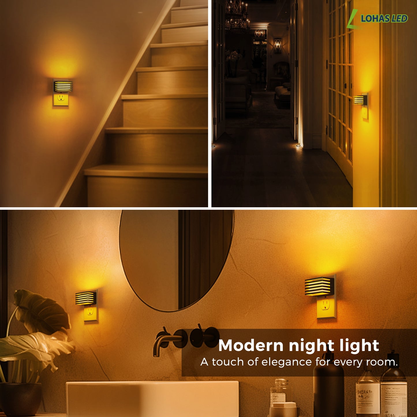 YANSUN 1-Watt Plug-in Integrated LED Night Light with Dusk-to-Dawn Sensor, Up & Down Glow, Amber 2000K, Black, 2-Pack