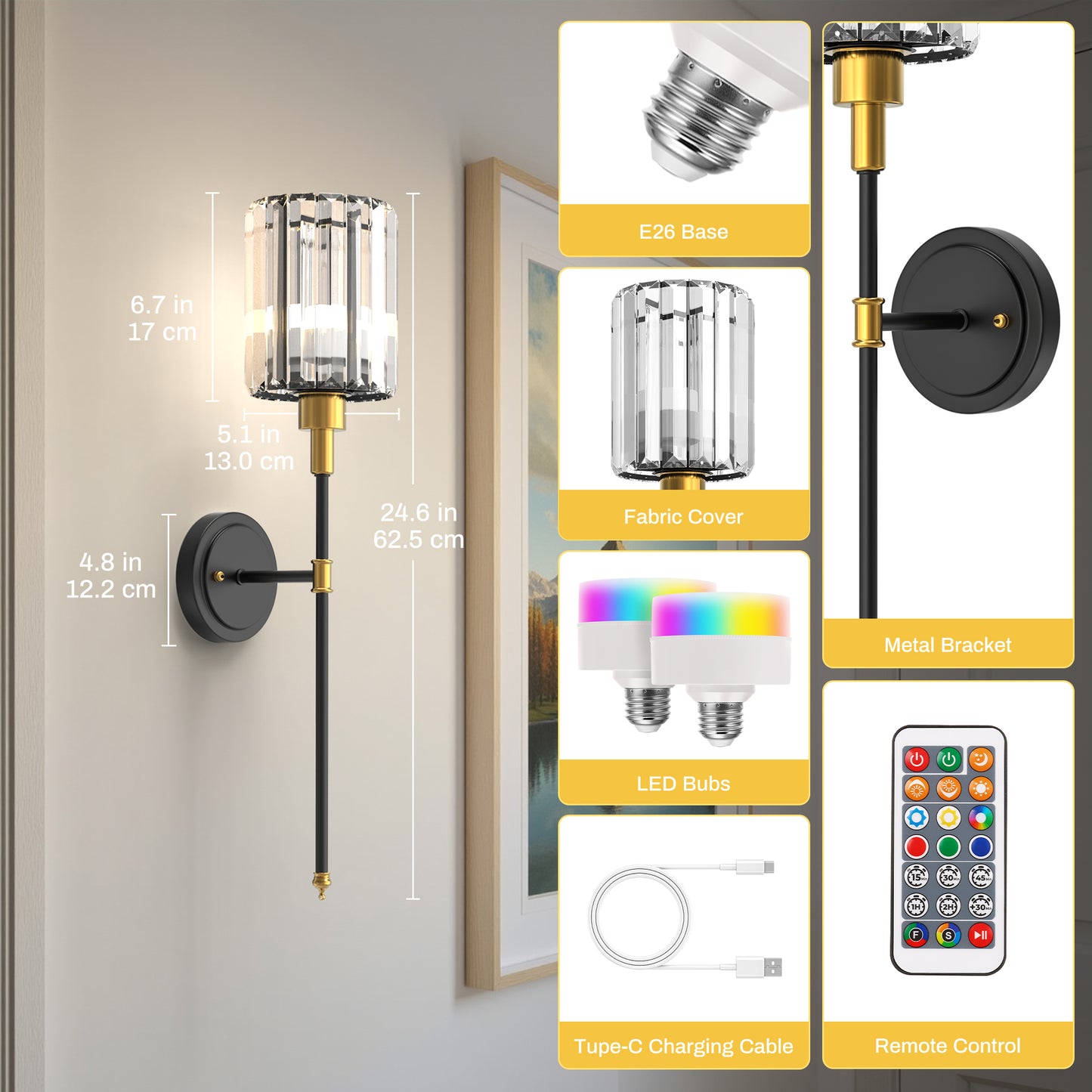 YANSUN 2pk Modern Crystal Wall Sconce with Remote Control, 24.6" Black & Copper Decorative Indoor Wall Light with RGB Color Changing Bulb