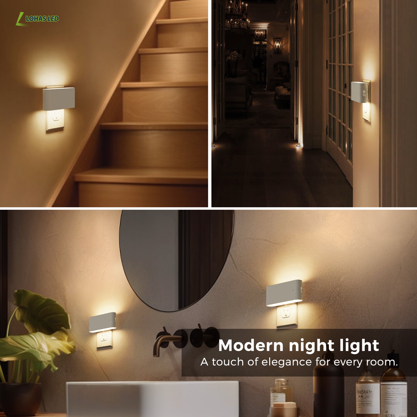 YANSUN 2-Pack 1W Plug-in Wall Night Lights, White Horizontal, Warm White 3000K, Up & Down Lighting, Dimmable