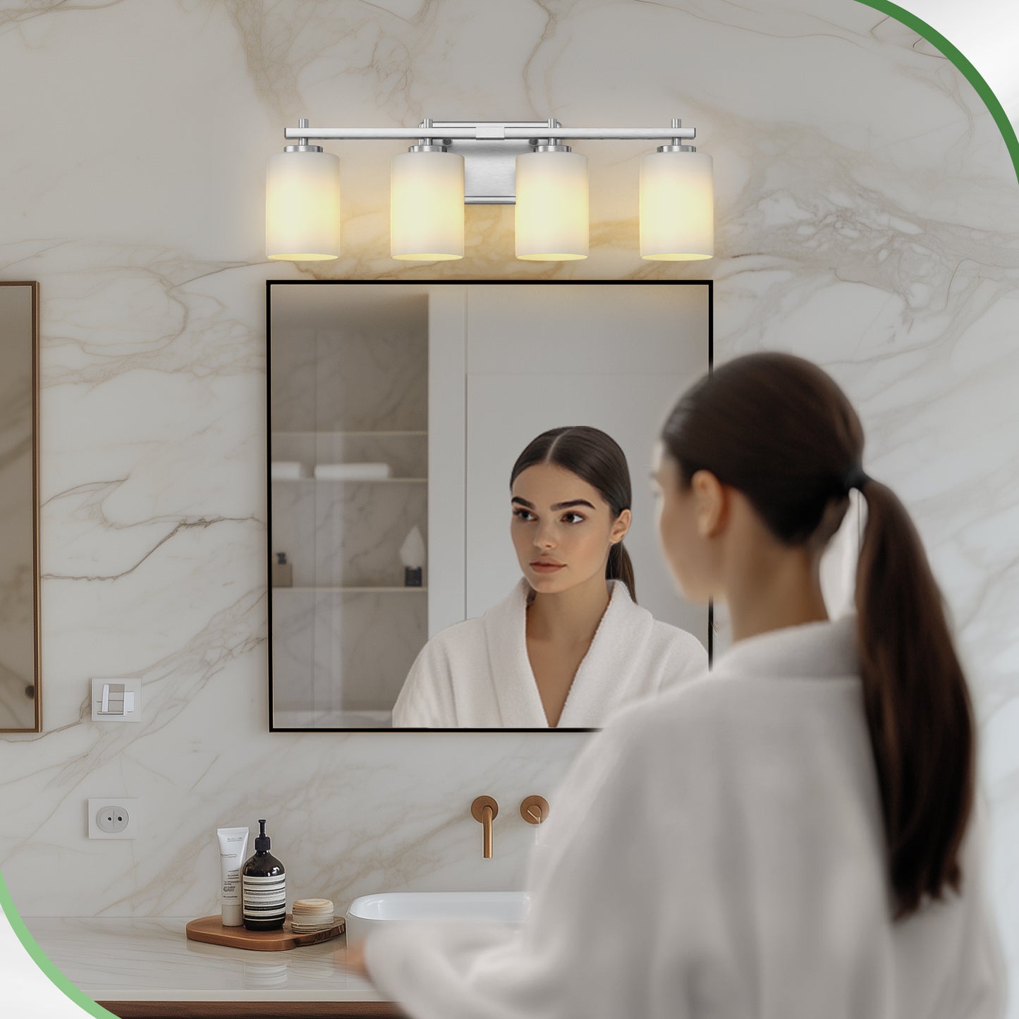 YANSUN 24 in. 4-Light Nickel Bathroom Vanity Light with Cylinder Frosted Glass Shade for Powder Room or Dressing Room