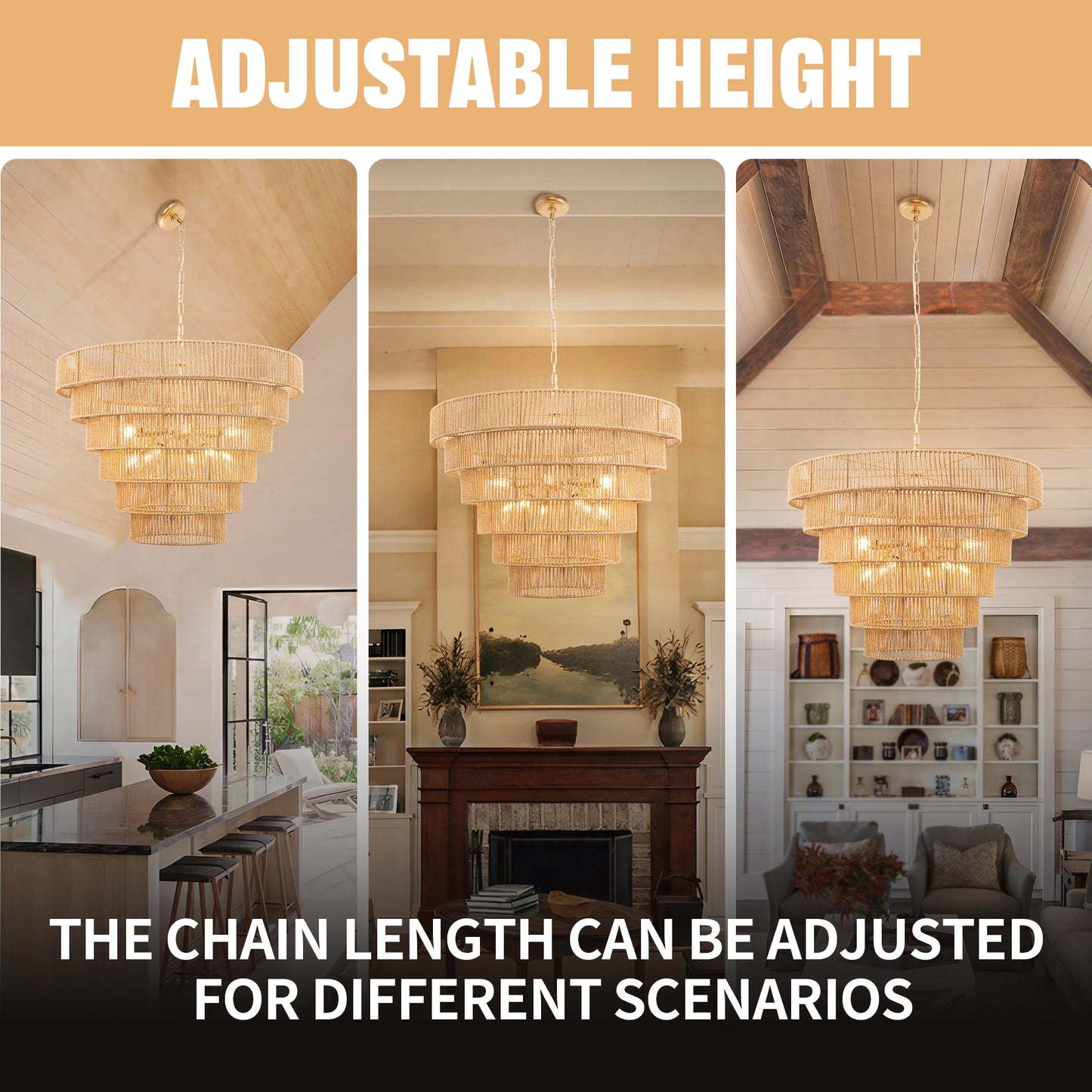 YANSUN 12-Light Boho Chandelier, 6-Tier Copper Finish, Rattan Shades, E12 Base, Non-Integrated Bulbs, Ideal for Living & Dining Spaces