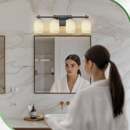 YANSUN 24 in. 4-Light Black and Gold Bathroom Vanity Light with Cylinder Frosted Glass Shade for Vanity or Dressing Room