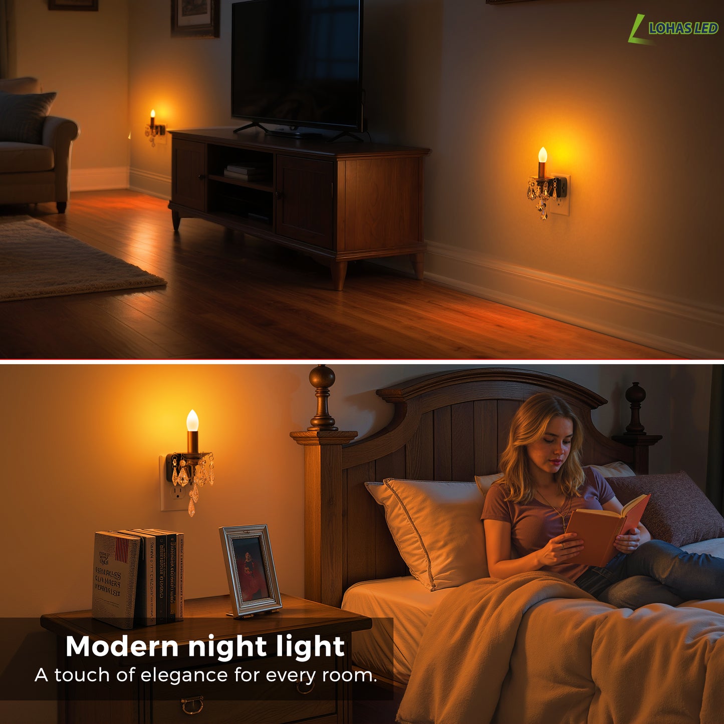 YANSUN 1W Plug-in Night Light with Amber 1600K, Dusk to Dawn Sensor, Slide Dimmer, Crystal Pendant, E12 Style
