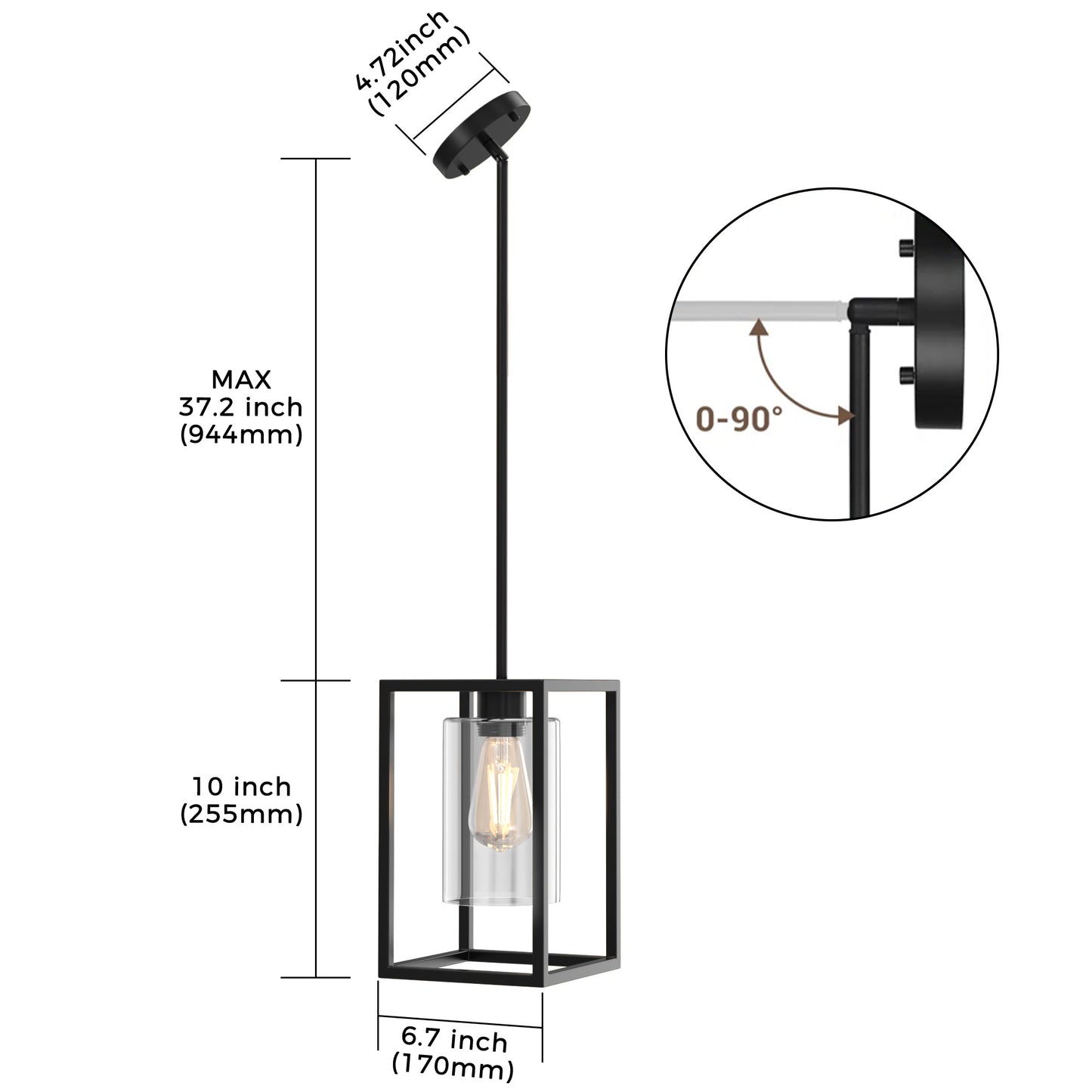 YANSUN 7 in. 1-Light Black Square Chandelier with Clear Glass, Retro Industrial Hanging Light for Kitchen Island