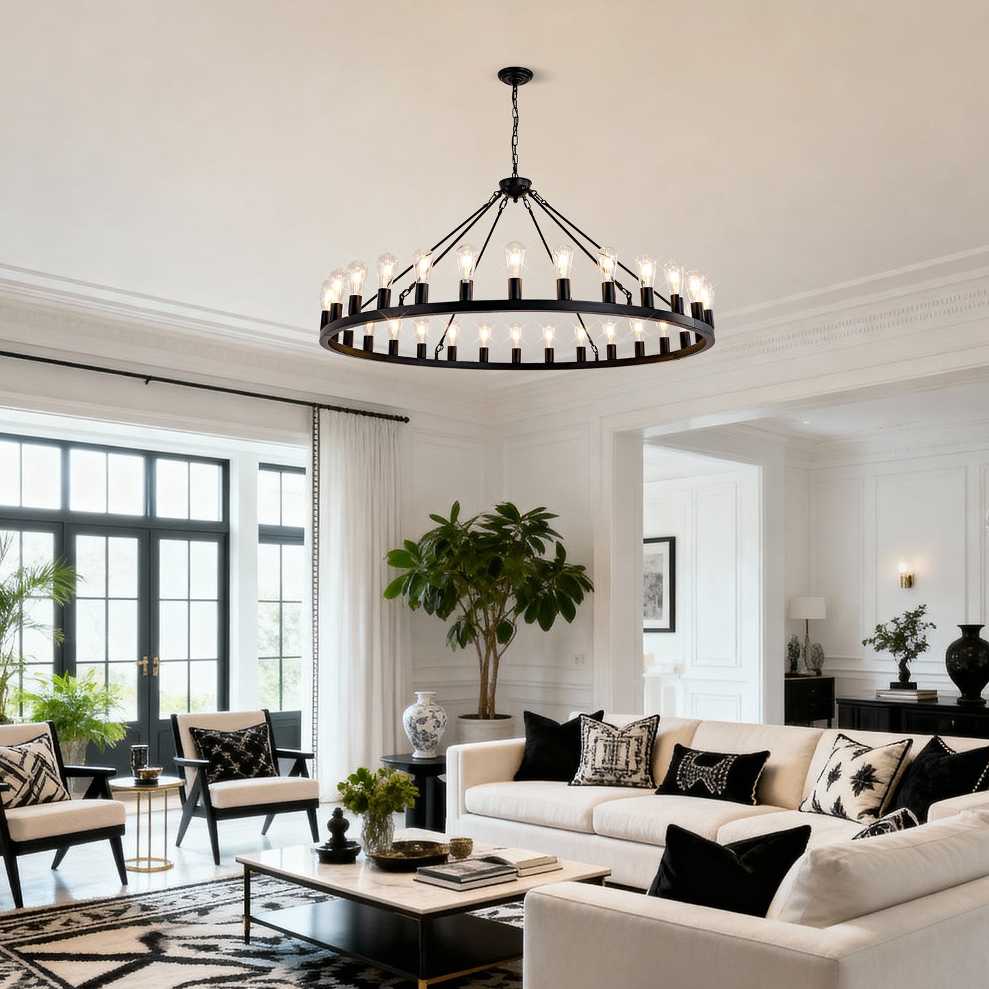 YANSUN 64in. Matte Black Wagon Wheel Chandelier 30-Light E26 Farmhouse Industrial Pendant Light for High Ceiling Dining Room (No Bulbs)