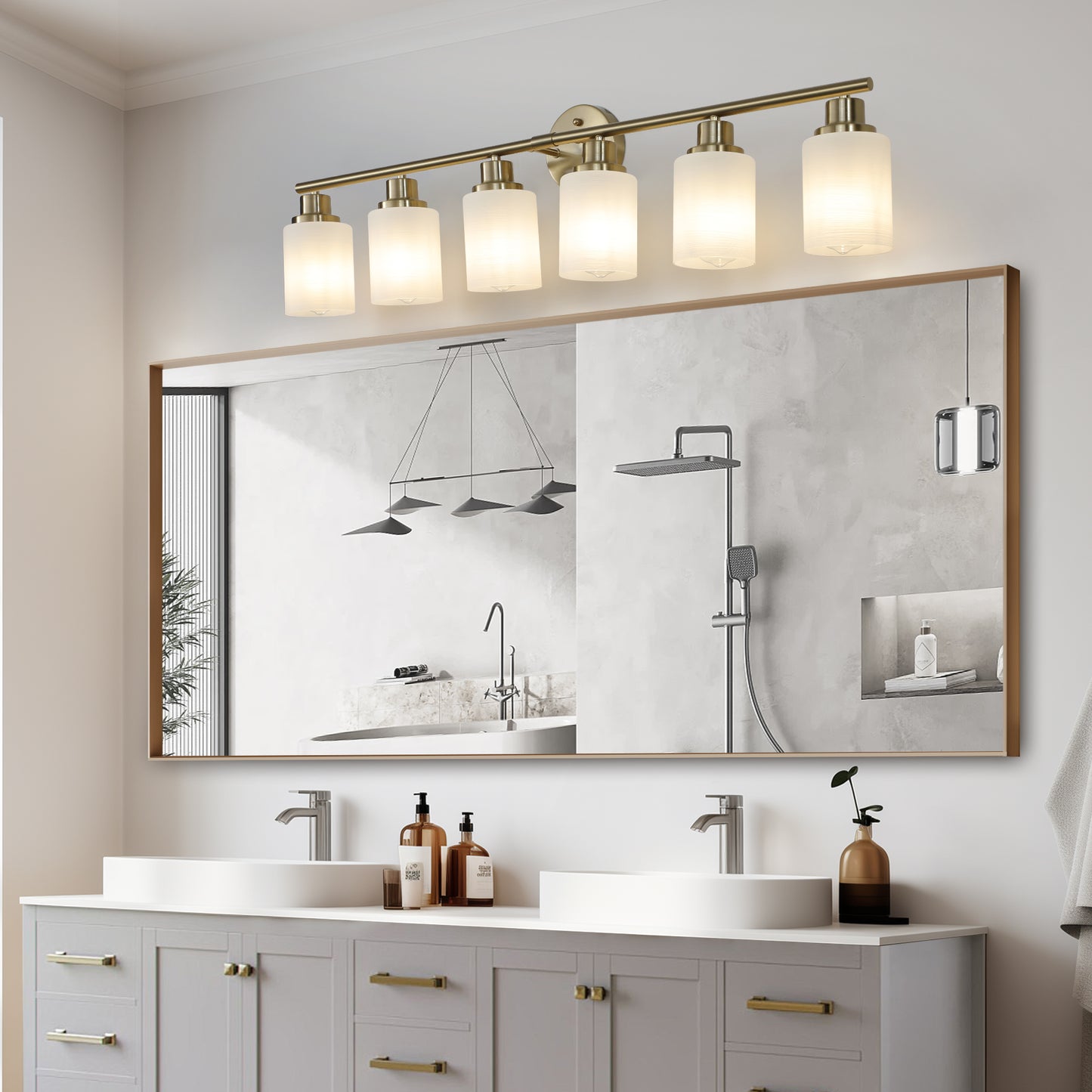 YANSUN Golden Modern Minimalist Bathroom Vanity Light, 6-Light Wall Sconce, Iron & Glass, E26 Base, Hard-Wired (Bulbs Not Included)