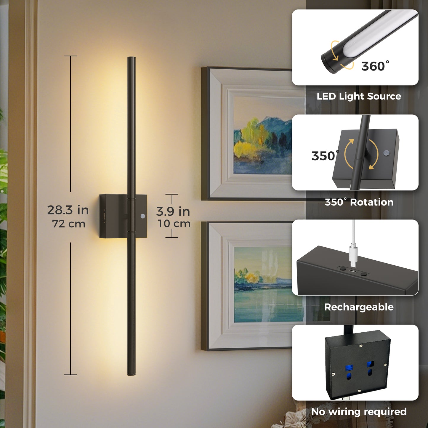 YANSUN 2-Pack 28.3in Rechargeable LED Wall Sconce Matte Black Indoor Wall Light with Remote Motion Sensor Dimmable 3CCT Night Light