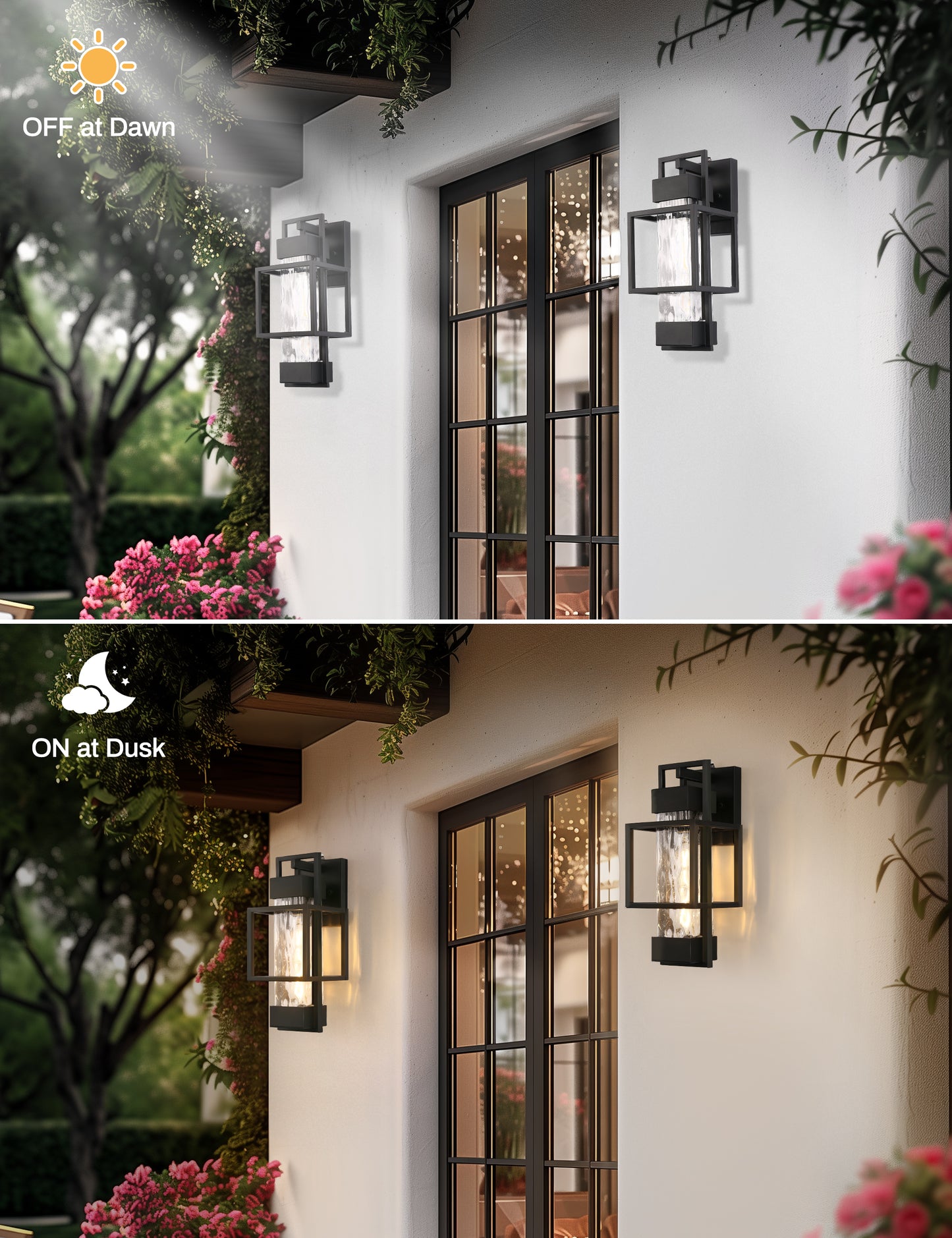 YANSUN 1-Light Black Outdoor Wall Lantern Sconce with Water Glass Shade, Hardwired Fixture with Photocell Sensor for Porche
