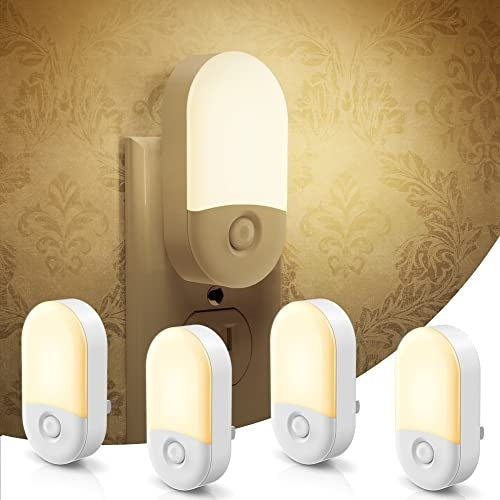 YANSUN 4-Pack 0.6W Plug-In Light Sensor Night Lights, 3000K Warm Light, Half Light Shade, 2-Step Dimming (50%/100%), US Plug