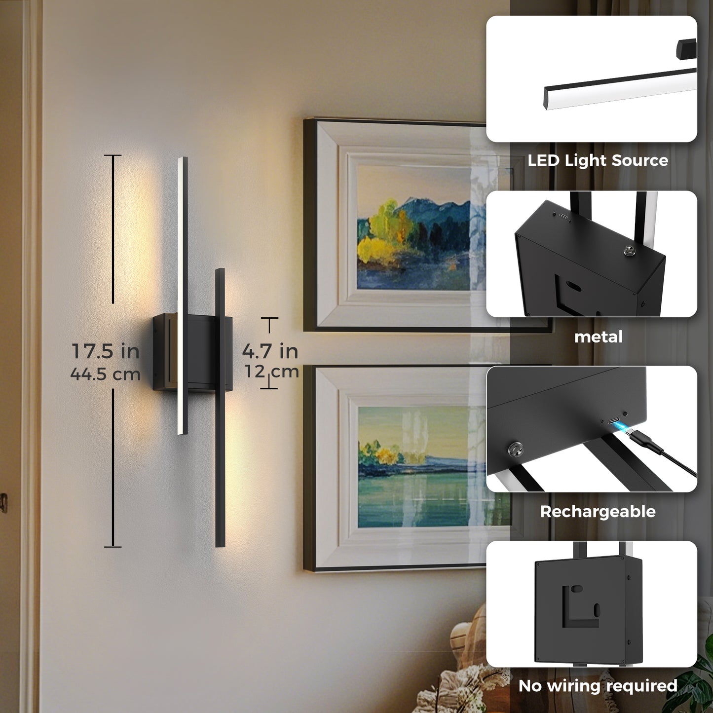YANSUN 24 in. 2-Pack Linear Black LED Wall Sconce Dimmable Wall Light for Living Room Hallway