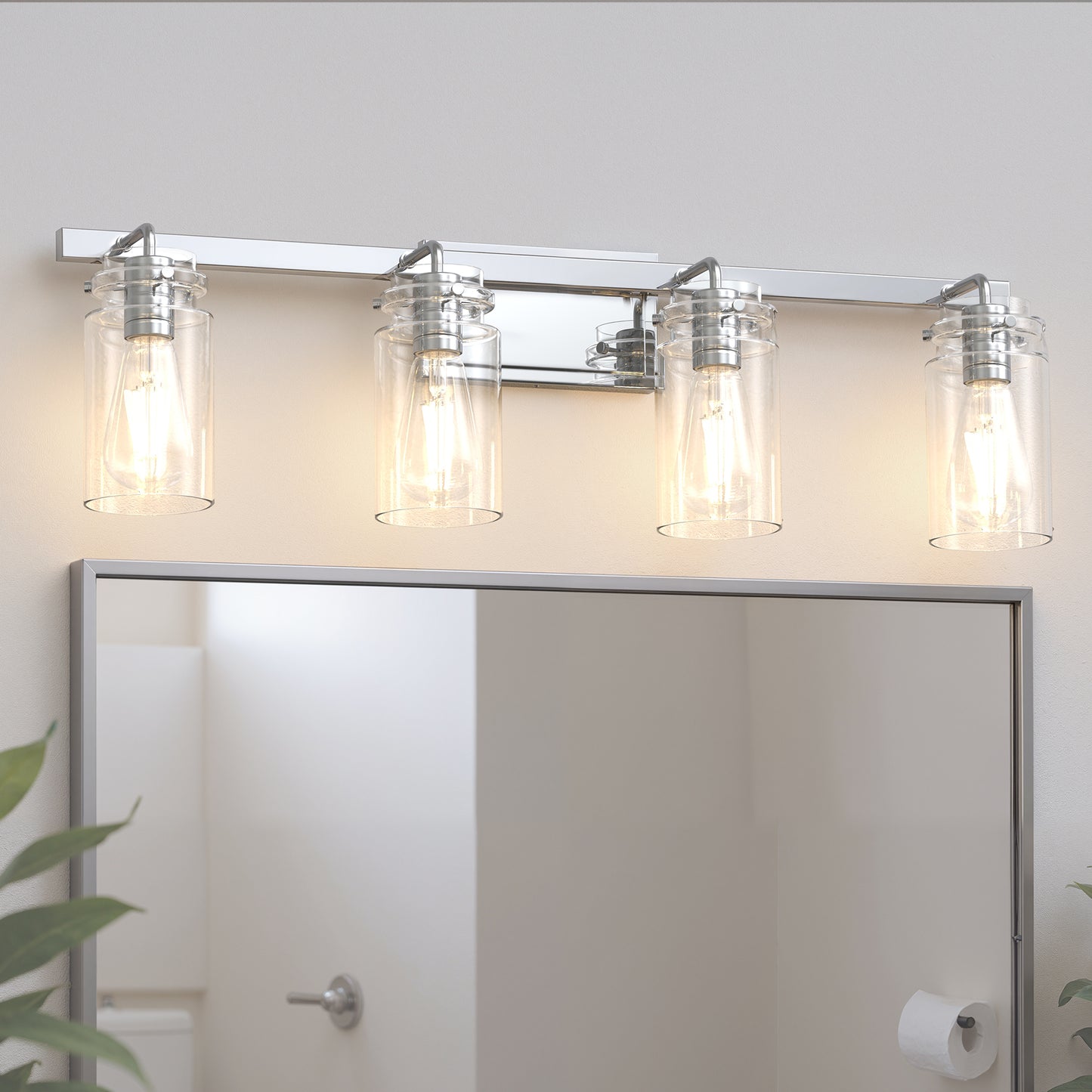 YANSUN 31.5 in. 4 Light Chrome Vanity Light with Clear Glass Shades and E26 Sockets for Bathroom Use