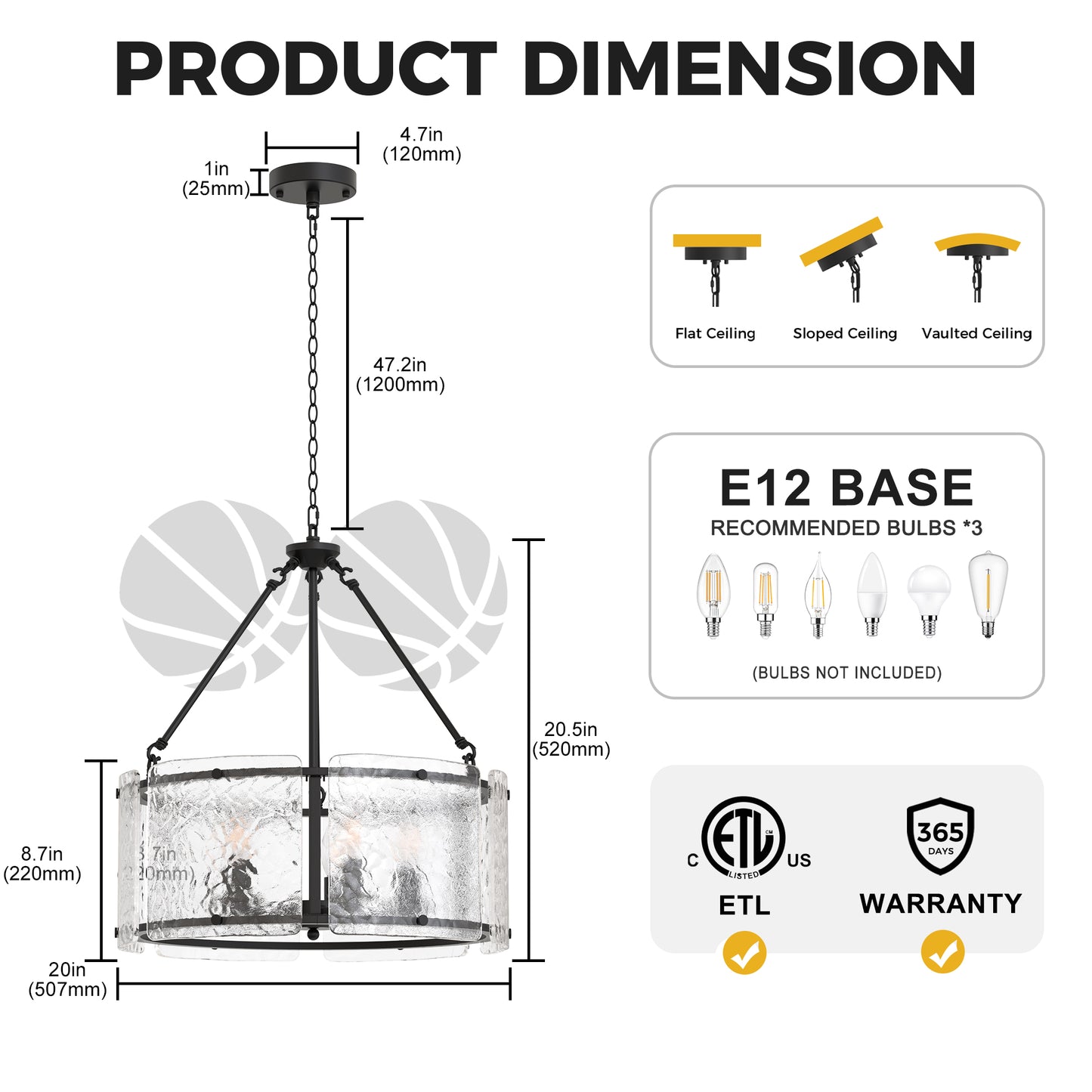 YANSUN 5-Light Black Drum Chandelier Pendant Light with Glass Shade and E12 Base for Dining Room, No Bulbs Included