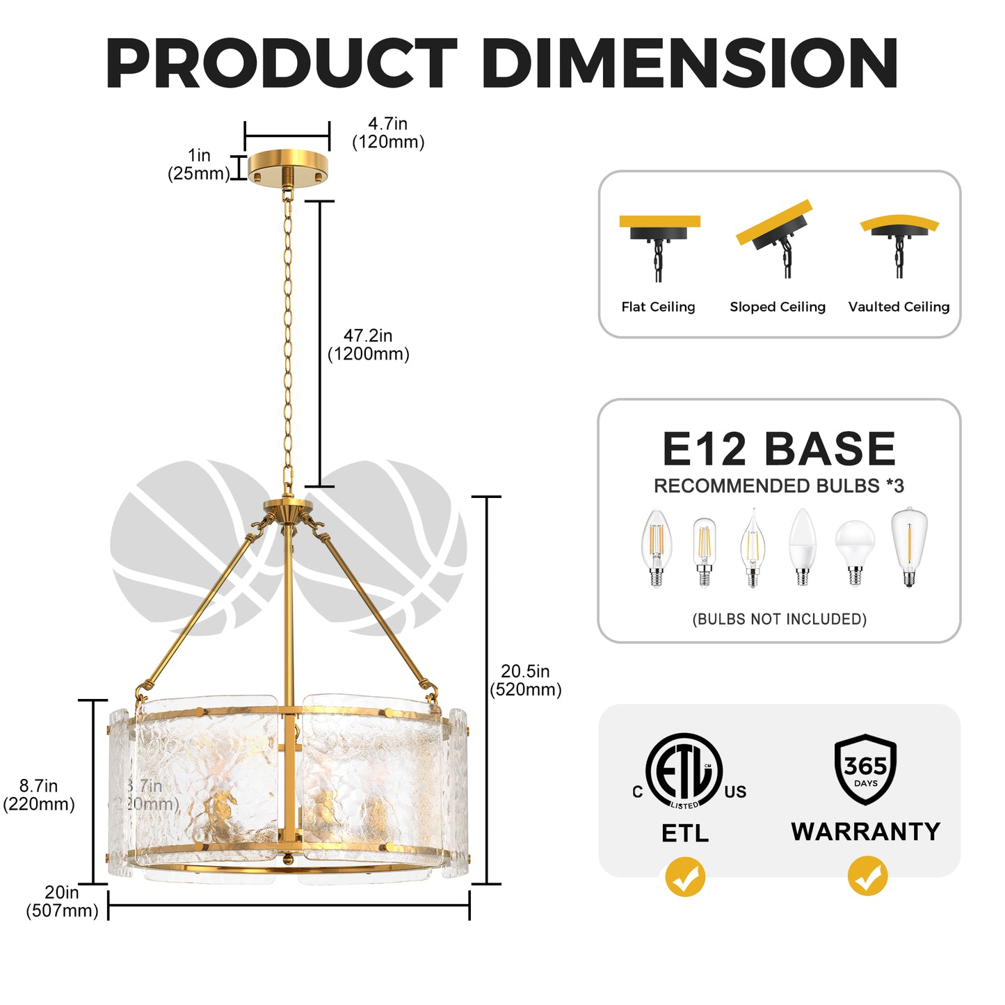 YANSUN 21 in. 5-Light Gold Modern Glass Drum Chandeliers, Dining Room Light Pendant Light Fixtures Over Table