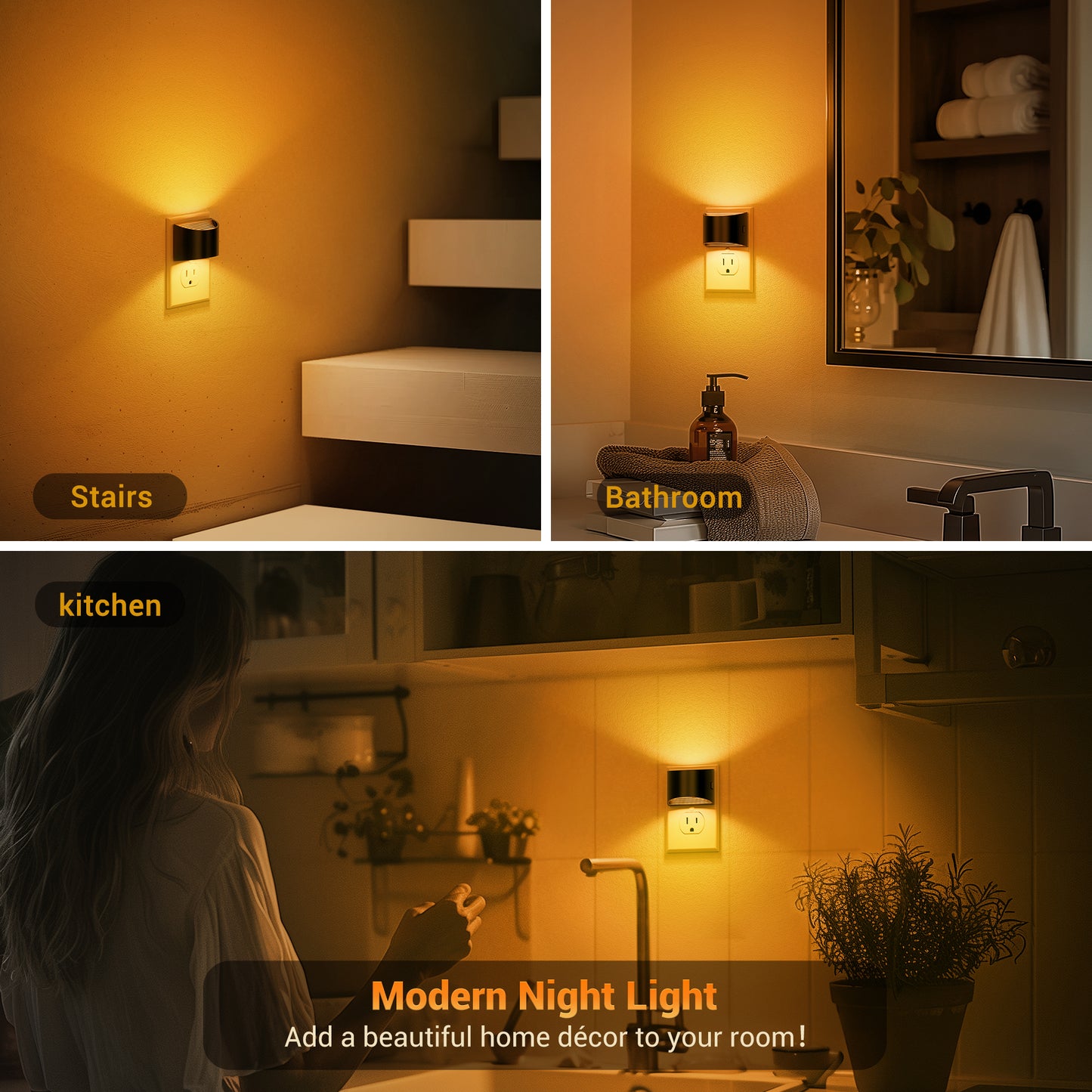 YANSUN 1-Watt Integrated LED Plug-In Semi-Crescent Wall-Like Night Light, Amber, Button Adjustable, Light Sensor, 2-Pack