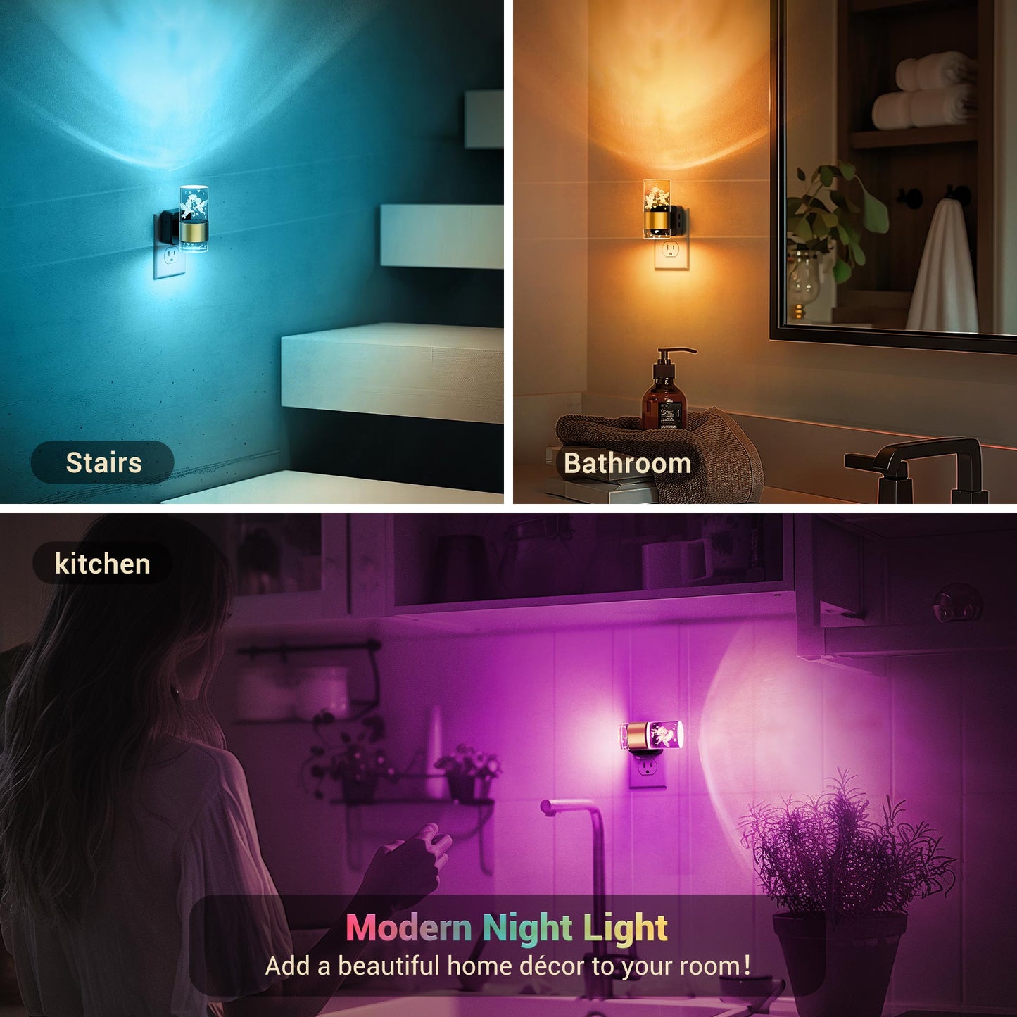 YANSUN 1W Plug-in Light Control Night Light, 3D Engraved Cupid & Gold Ring Design, RGB + 2700K, Adjustable Brightness, Black & Copper Finish