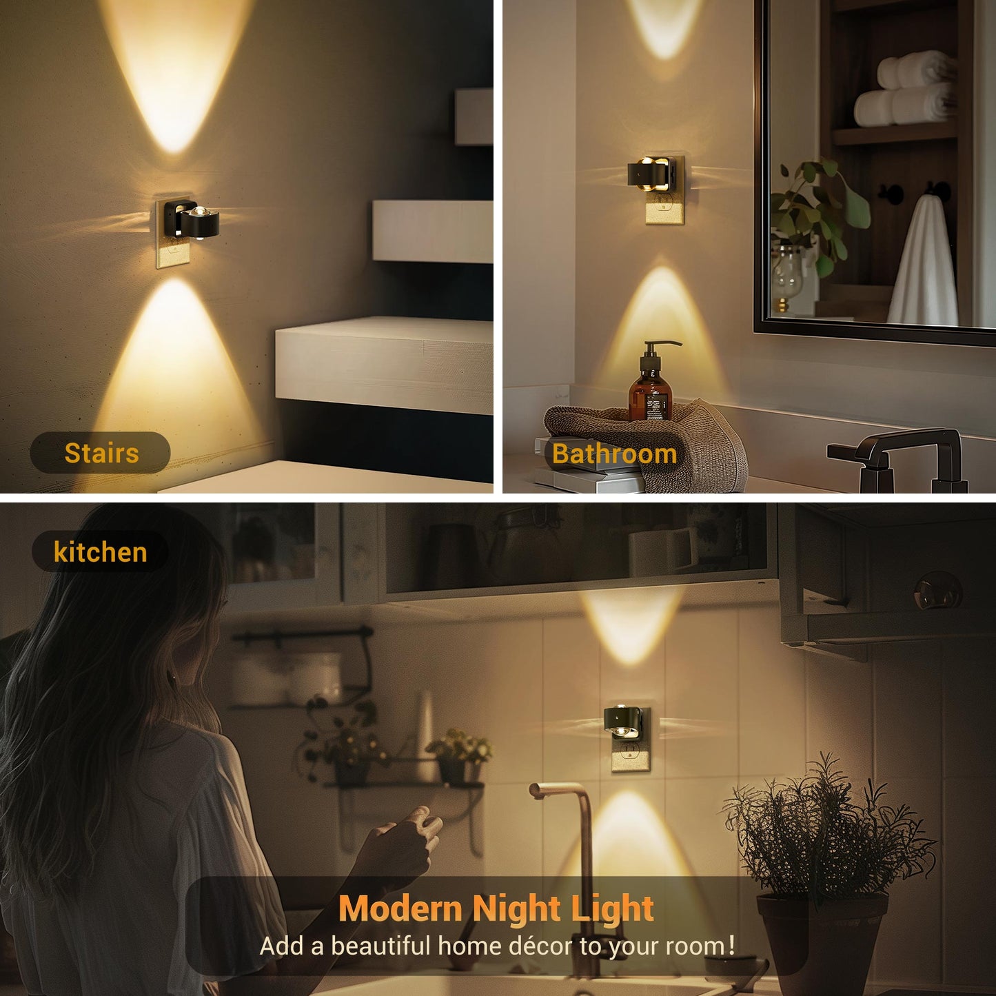 YANSUN 2W Integrated LED Plug-In Night Light, Black Short Square Cylinder Lens, Warm 3000K, Up & Down Beam, 2-Pack