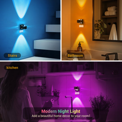 YANSUN 2W Color Changing Cylinder Integrated LED Plug-In Night Light, Black, Amber+RGB+Gradient, Up & Down Beam, 2-Pack
