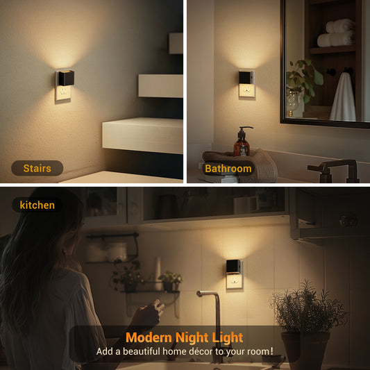 YANSUN 2-Pack 1W Plug-In Square Wall Sconce-Style Night Lights, 3000K Warm Glow, 3-Level Dimming, Light Sensing, Black