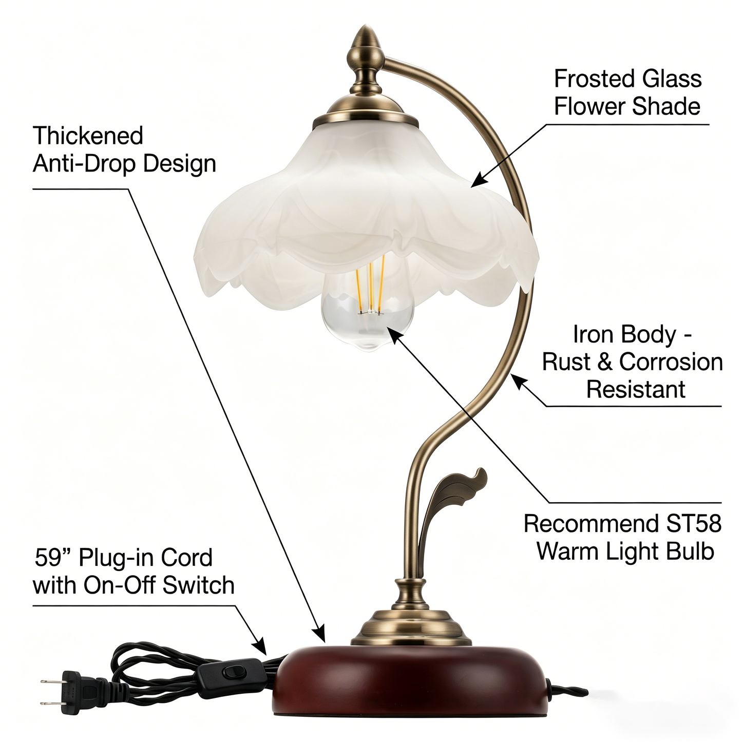 YANSUN 16.93 in. 1-Light Brass Dome Metal Table Lamp - Vintage Retro Traditional Style, for Living Room, Bedroom, or Office