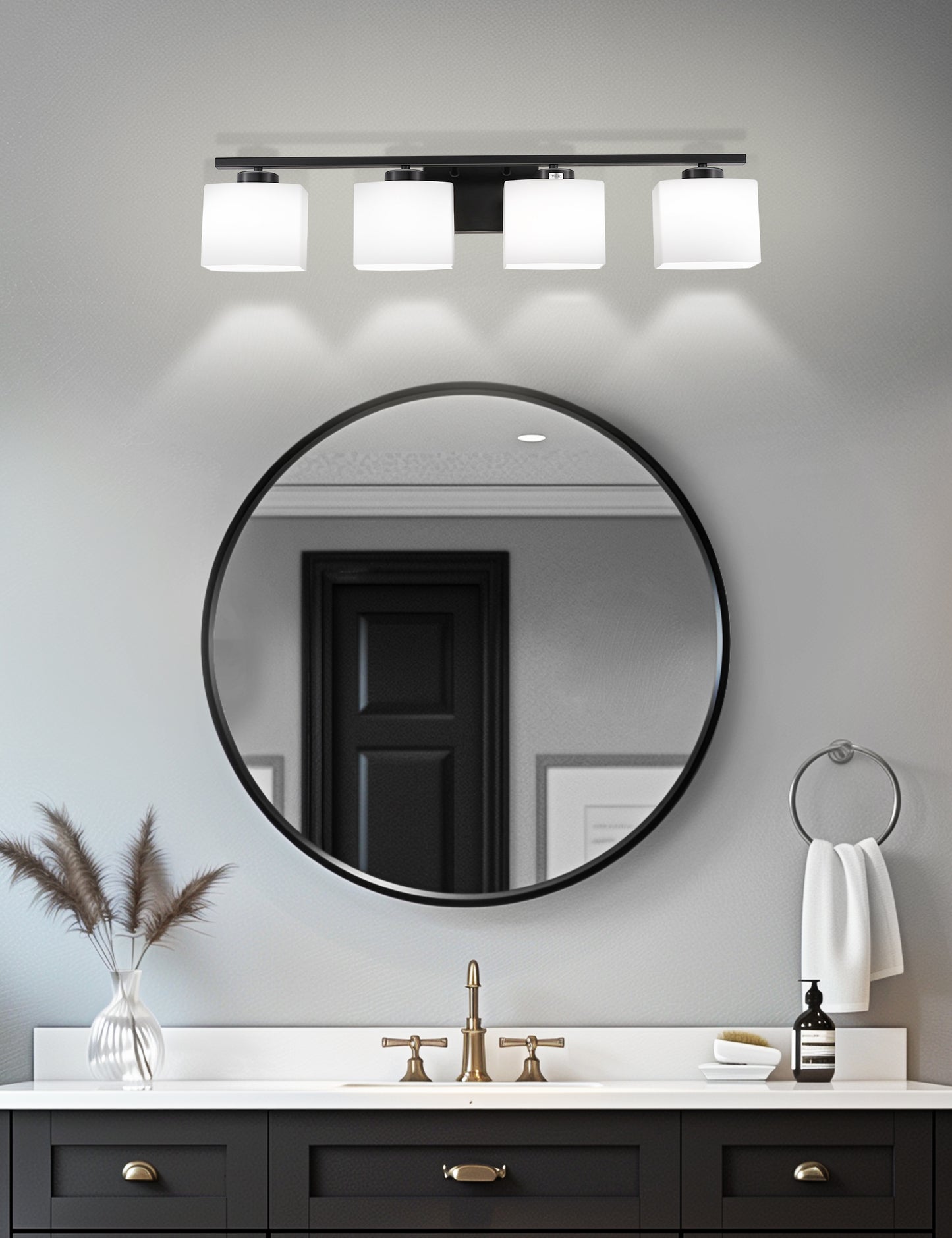 YANSUN 31 in. 4 Light Matte Black Vanity Light for Vanity Powder Room Dressing Room with White Glass Shades