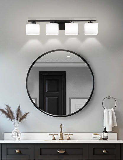 YANSUN 31 in. 4 Light Matte Black Vanity Light for Vanity Powder Room Dressing Room with White Glass Shades