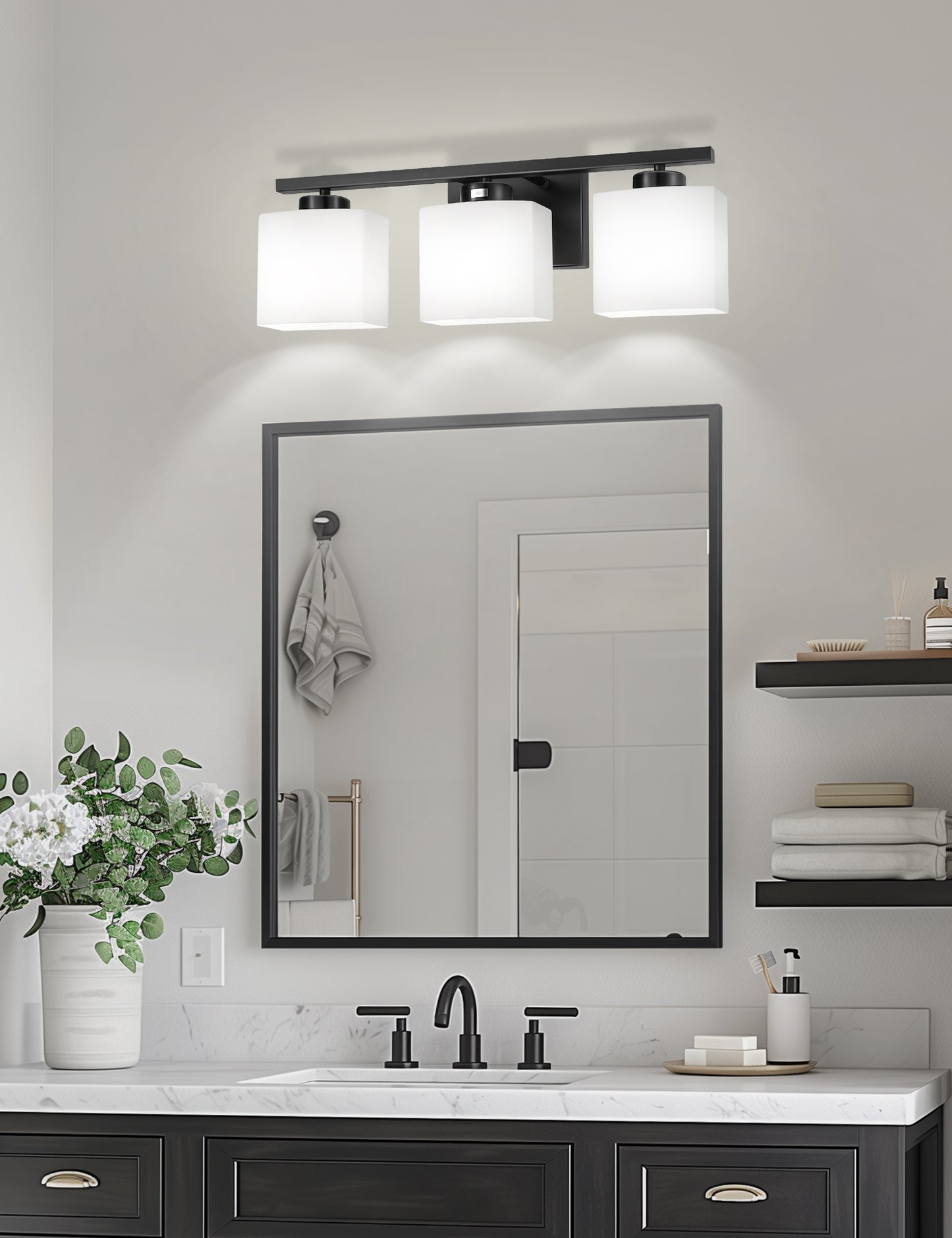 YANSUN 22 in. 3 Light Matte Black Vanity Light for Bathroom Bedroom Living Room with White Shades