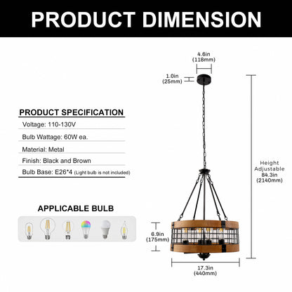 YANSUN 4-Light Matte Black Brown Drum Chandelier Industrial Metal Mesh Pendant Light Fixture E26