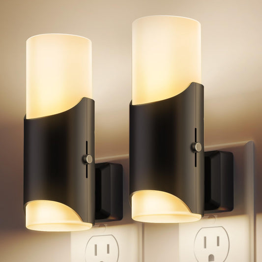 YANSUN 2-Pack 1W Black Plug-In Night Lights, Cylindrical Up-Down Wall Lamps with Frosted Long & Short Shades, Sliding Dimming, Warm 3000K