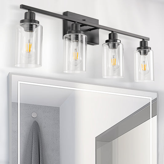 YANSUN 32 in. 4-Light Industrial Matte Black Vanity Light Fixture for Indoor Bathroom Powder Room with Clear Glass Shade