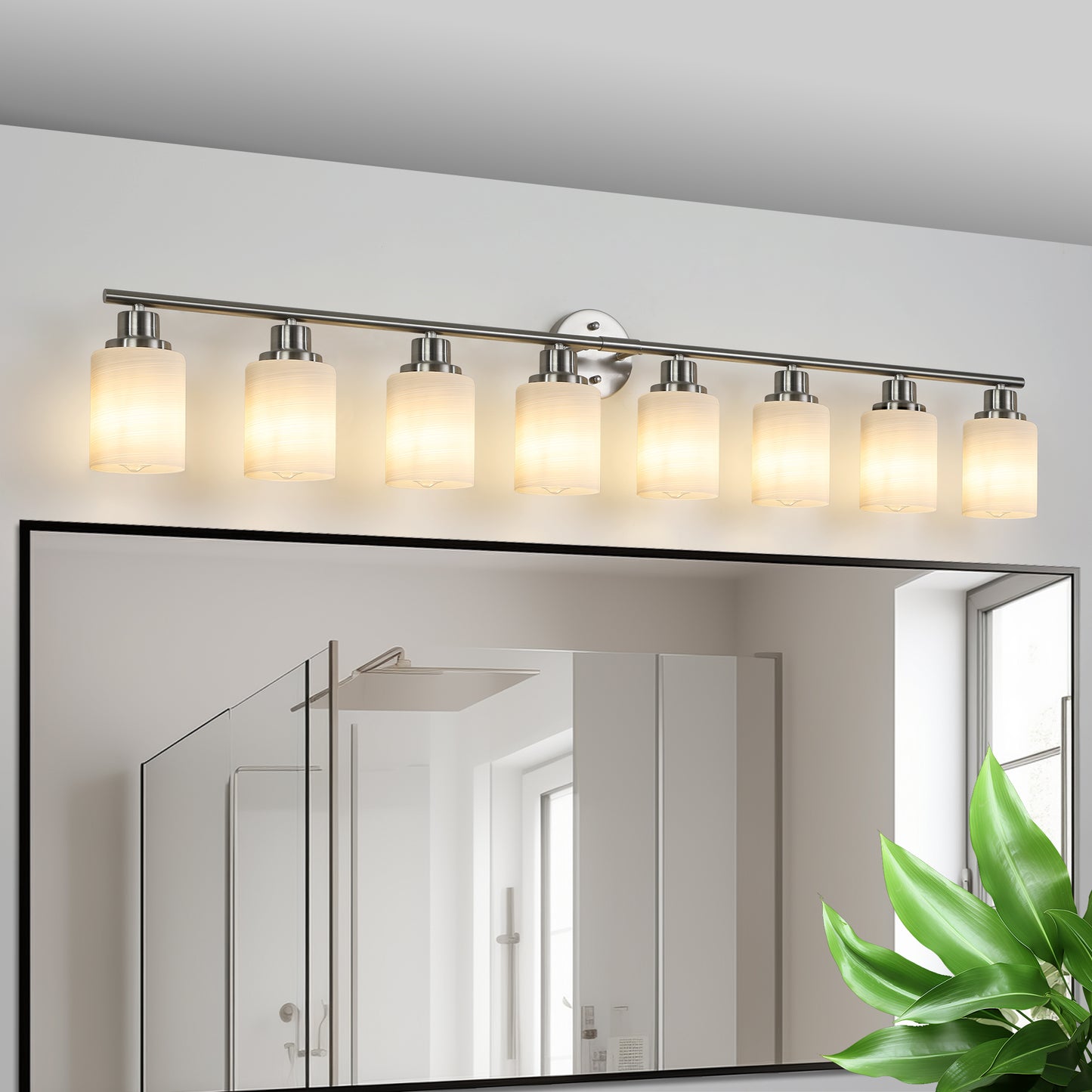 YANSUN Modern 8-Light Vanity Wall Sconce, Brushed Nickel Finish with Frosted Glass Shades for Bathroom or Hallway Lighting (No Bulbs)